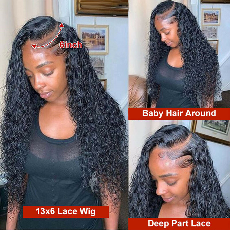 Perruque Lace Front Wig Deep Wave brésilienne Remy naturelle, cheveux bouclés, pre-plucked, 30 40 pouces, densité 250, pour femmes