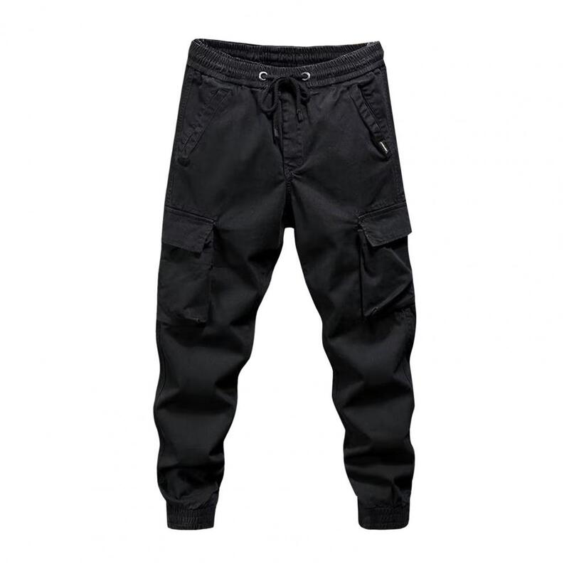 Fashion Solid Color Work Casual Multiple Pockets Men's Cargo Pants Classic Waist Drawcord Pure Cotton Youth Tide Male Trousers