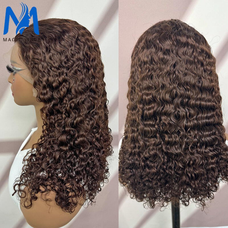 4# Chocolate Brown Water Wave Human Hair Wigs for Black Women 250% Density 13x4 Lace Frontal Curly Wave Brazilian Remy Hair Wig