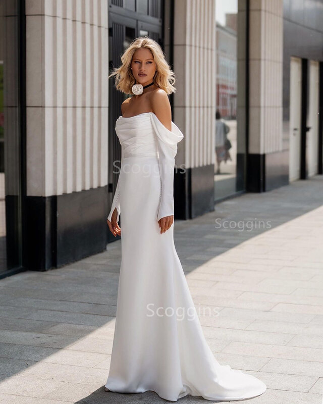 Off-Shoulder Long Sleeves Pleats Satin Wedding Dress Bridal Gown With Train Elegant Party Dresses For Women Formal Dresses