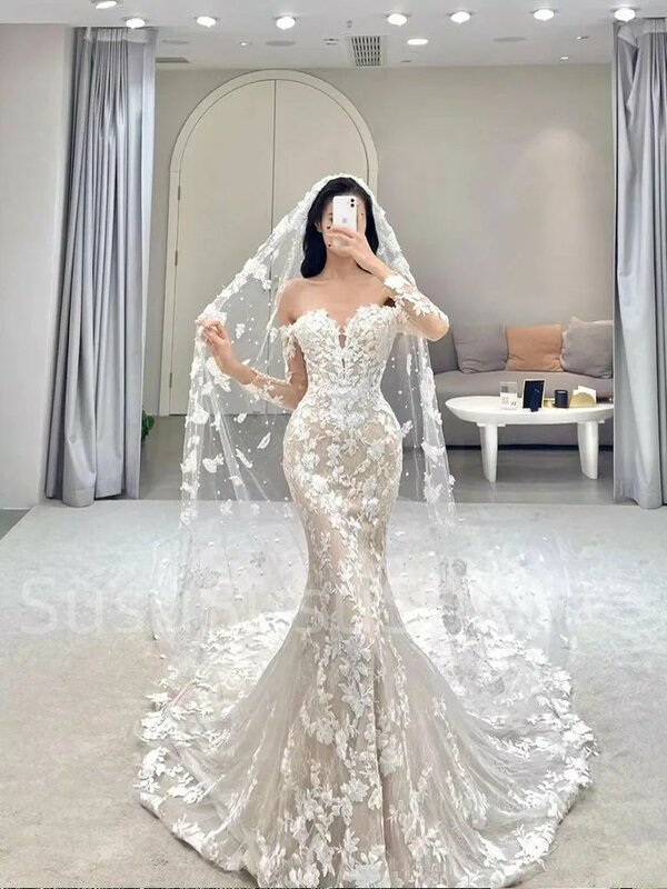 Vestido de noiva sereia sem costas manga comprida para mulheres, robe estilo boho, flores de renda, noiva do trem do tribunal, novo, 2023