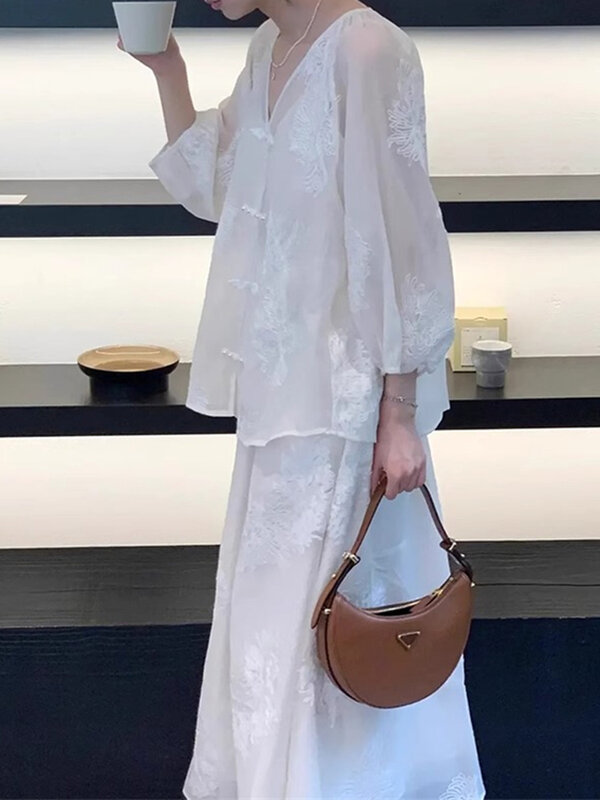 Tweedelige Nieuwe Chinese Zomerjurk Sets Eenvoudige Basis Lieve Dames Jurk Set Witte Mode Slanke V-Hals Jurk Sets Dames