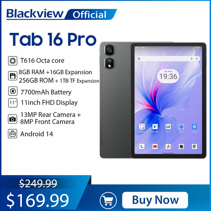 Blackview Tab 16 Pro Tablet PC 11'' FHD+ Display T616 Octa Core 24GB(8+16) RAM 256GB ROM 7700mAh 4G Tablets Android 14