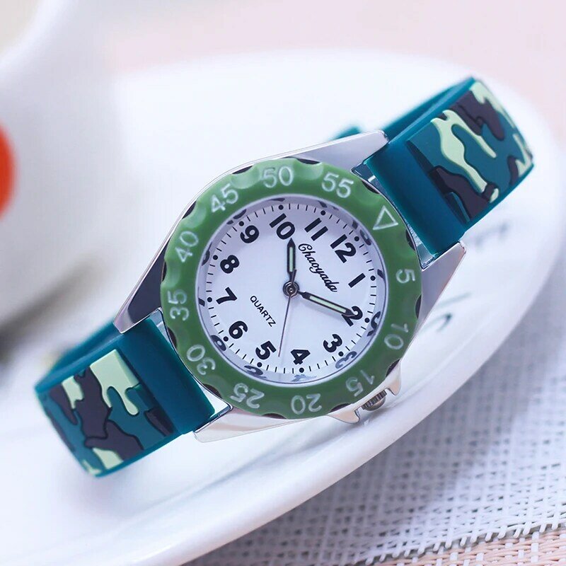 Chaoyada-멋진 실리콘 군사 위장 스트랩 쿼츠 시계 남아용 여학생용, 어린이 생일 기념일 선물 시계