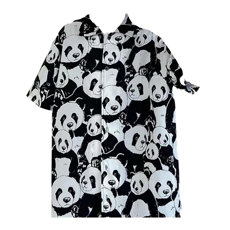 Summer Shirt Men's Summer Panda Printed Shirt Casual Loose Fit Beach Streetwear Fashion Tee with Short Sleeves Single-breasted