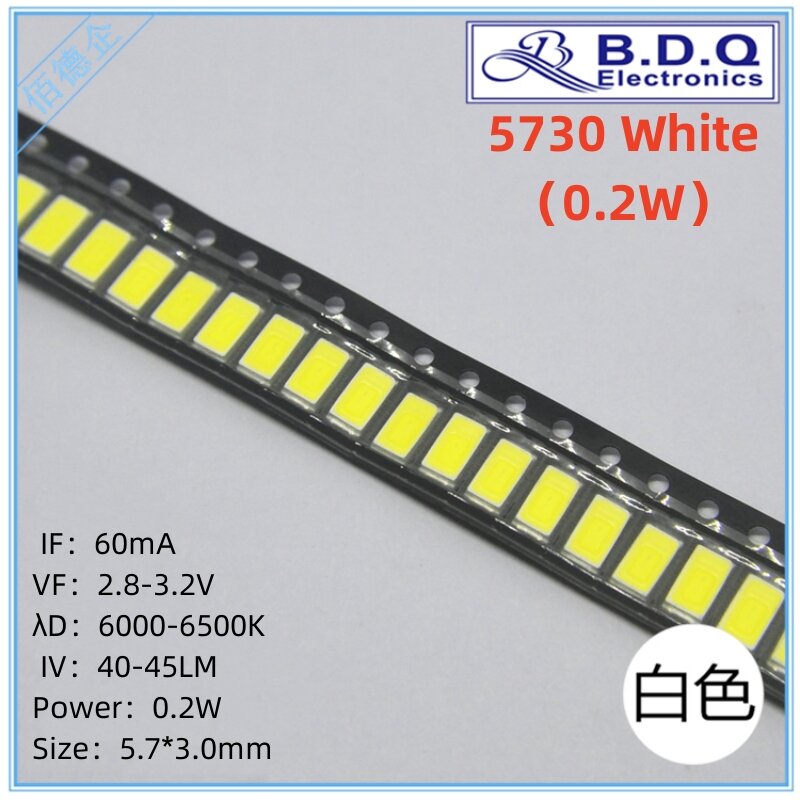 100Pcs LED แบบ SMD 5730สีขาว0.2W 6000-6500K หลอดไฟ LED ขนาด5630 Light-Emitting Diode สูงคุณภาพ