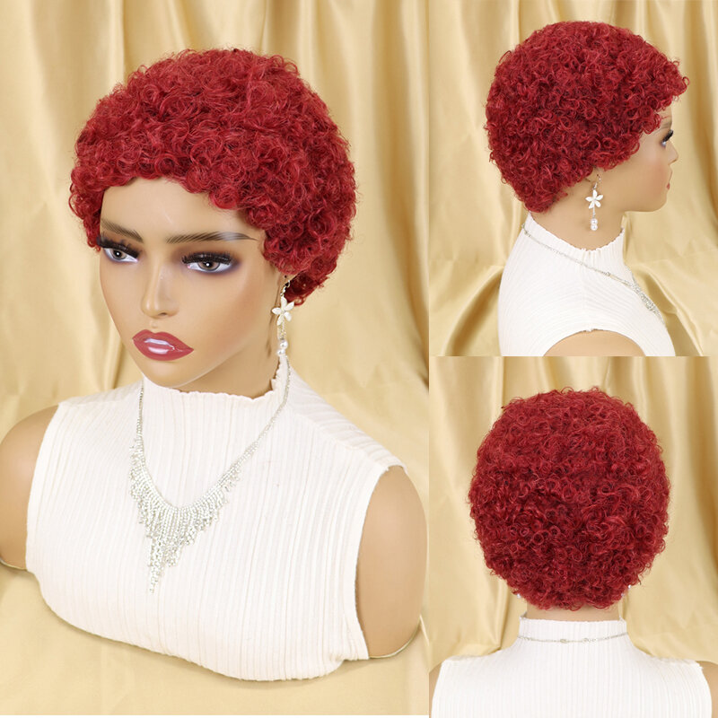 Короткий парик Боб фальшивой, человеческие волосы, афро кудрявые парики, бразильские волосы, натуральные Недорогие парики для женщин, бордовые, коричневые