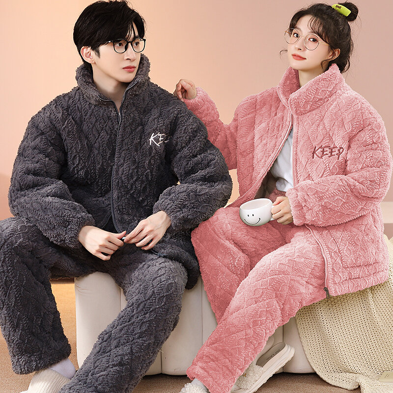 남녀공용 두꺼운 따뜻한 파자마 잠옷, 플러스 사이즈 홈웨어, 플란넬 커플 잠옷, 겨울 지퍼