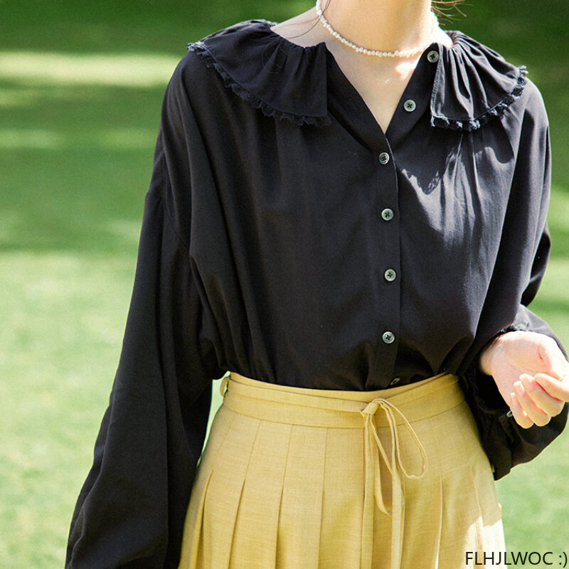 Blusa holgada Retro con mangas abullonadas para mujer, camisa negra con botones y volantes, diseño elegante de moda coreana, novedad de 2024