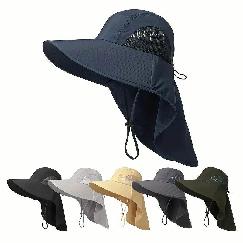 Chapéu de balde de aba larga impermeável masculino, capa do pescoço, malha respirável, proteção solar, viseira, tampa antiUV, chapéu de pescador ao ar livre, verão