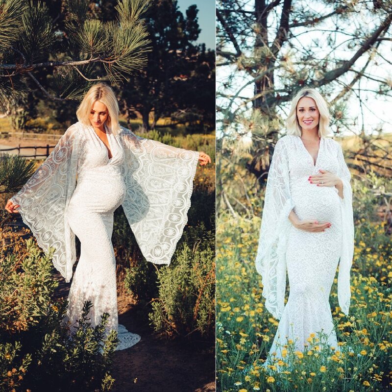 Vestido de maternidade feminino renda vestido de maternidade com decote em v wraped alargamento mangas maxi fotografia vestido de chuveiro do bebê foto shoot vestido