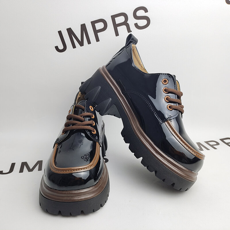 JMPRS สไตล์อังกฤษ Chunky รองเท้าส้นสูงผู้หญิง2023ฤดูใบไม้ผลิ Lace Up รองเท้าส้นสูงรองเท้าผู้หญิงรอบ Toe สิทธิบัตรหนังรองเท้า