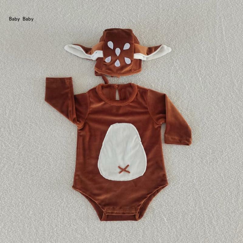 Newborn Photography Suit Romper & Deer Ear Beanie Hat Jumpsuit Photo Posing Props Set Baby Photoshoot Props Bodysuit Q81A