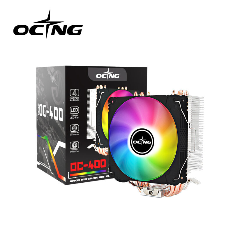 OCNG OC-400 4 히트 파이프 CPU 공기 냉각 라디에이터 12cm 4pin PWM 다채로운 조용한 냉각 팬 Intel LGA1700 115X 775 AM4 TDP140W