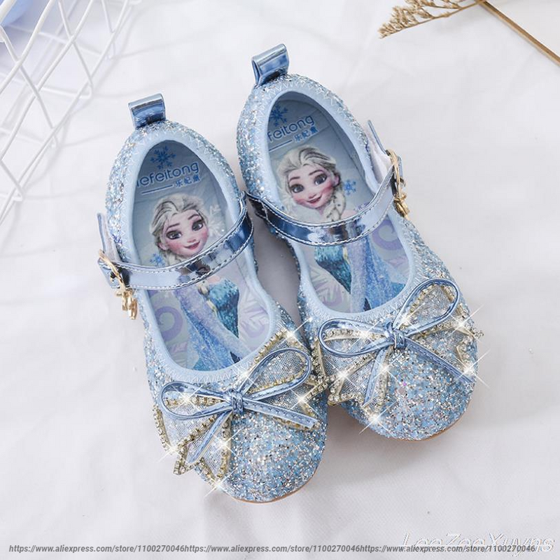 Sapatos femininos Disney Princess, sola macia, menina pequena, congelado, sapatos casuais de cristal infantil, couro liso, sapatos de dança, tamanho 22-36