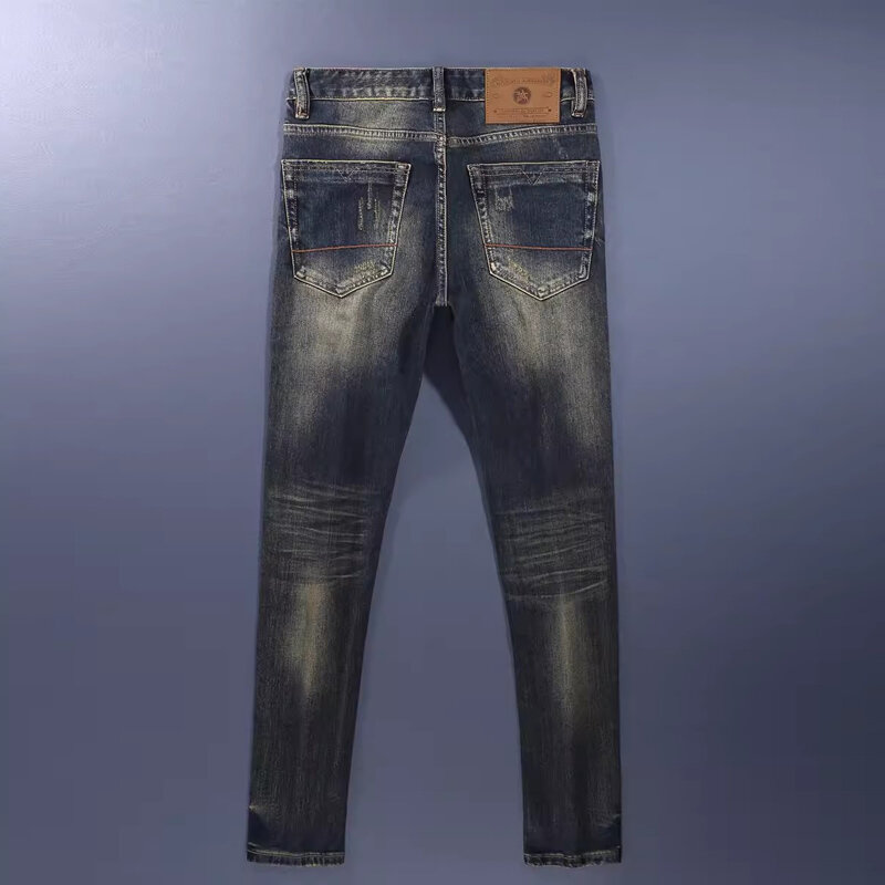 Ropa de calle de moda para hombre, pantalones vaqueros Retro de alta calidad, azul oscuro, elásticos, ajustados, divididos, diseñador Retro, H