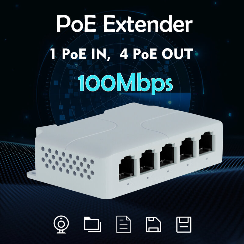 Extensor POE de 5 puertos, repetidor de interruptor de red con IEEE802.3af para cámara IP NVR, 90W, 10/100Mbps, 1 en 4 salidas, 100 metros
