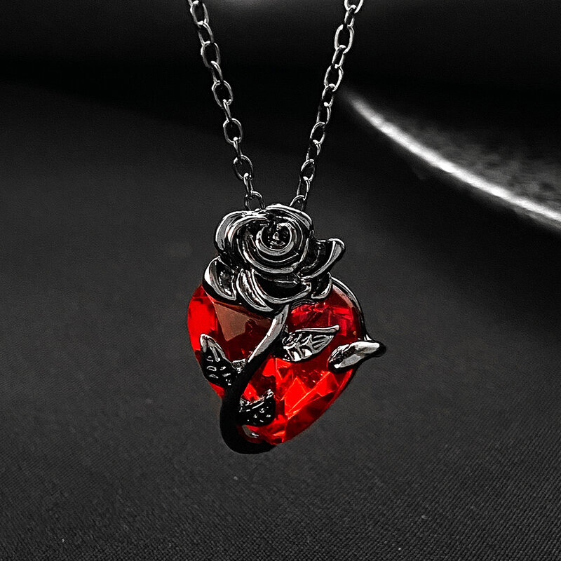 Gotycka róża czerwona miłość naszyjnik damska Y2K Grunge biżuteria delikatna srebrna kolorowa kolorowa personalizowane prezenty wisiorek z ludzkim sercem