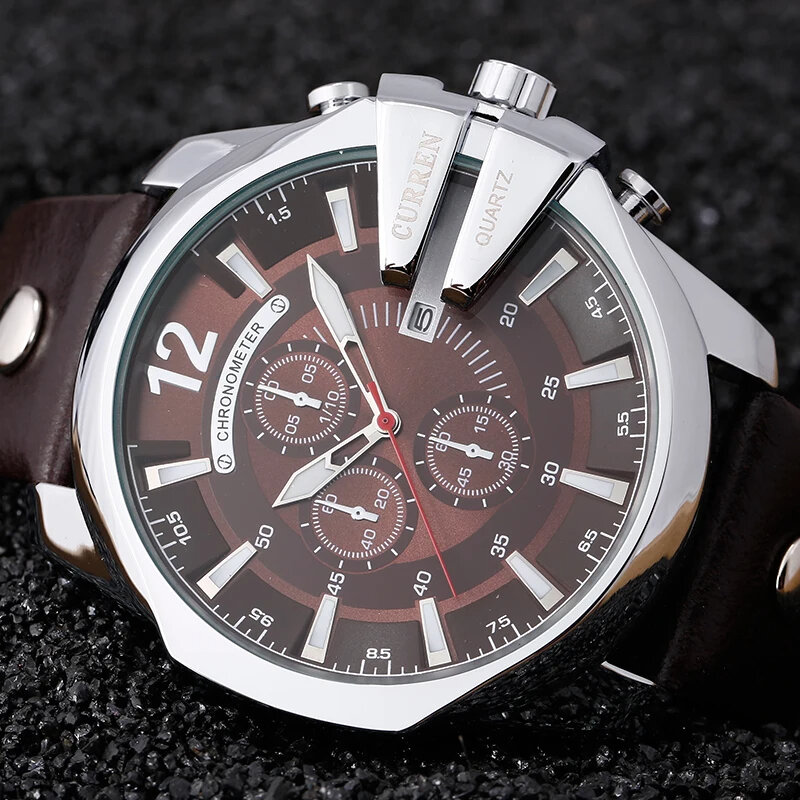 Curren Mens Relógios Top Marca Luxo Ouro Big Dial Man Quartz Watch Leather Strap Outdoor Casual Sport Relógio de pulso Masculino