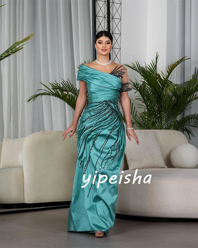 Saudi Arabia Prom Dress Evening Satin Draped Pleat Sequined Beach A-line Off-the-shoulder Bespoke Occasion Gown Long Dresses