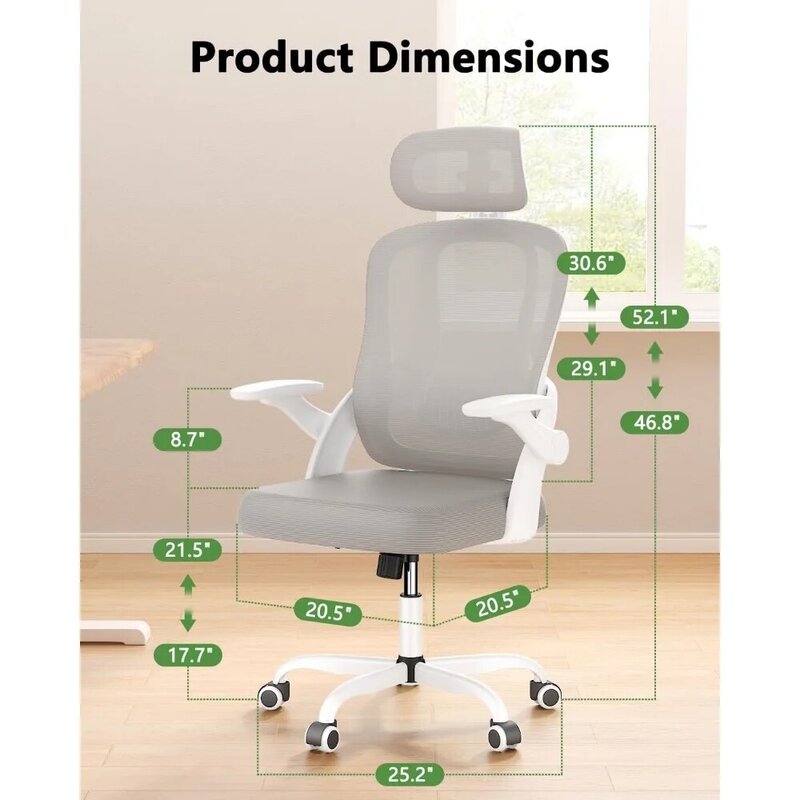 Ergonômica alta Back Office Chair, Cadeira de mesa com braços 3D, apoio lombar, Mesh Computer Chair, Encosto de cabeça ajustável