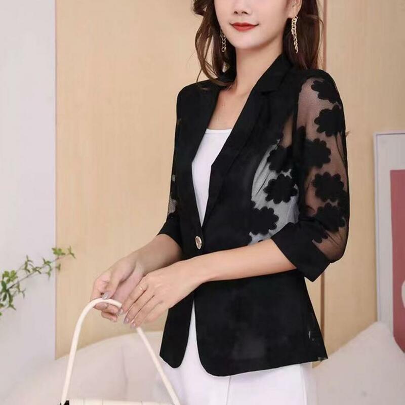 3/4 Sleeves Jacket Women Thin Stylish Summer Lapel 3/4 Sleeve See-through Flower Mesh Yarn Stitching One Button Pockets Suit