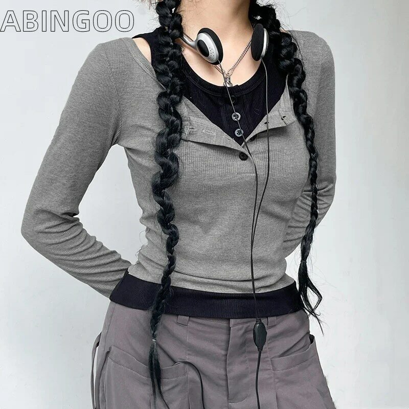 ABINGOO-Top de malha de manga comprida feminina, camiseta monocromática, pescoço O, fivela, ajuste fino, casual, pulôver de contraste, falso 2 peça