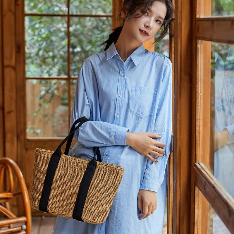日本の韓国のカジュアルなマガジンスタイルのストローバッグ,手織りの女性のハンドバッグ,大容量のトートバッグ