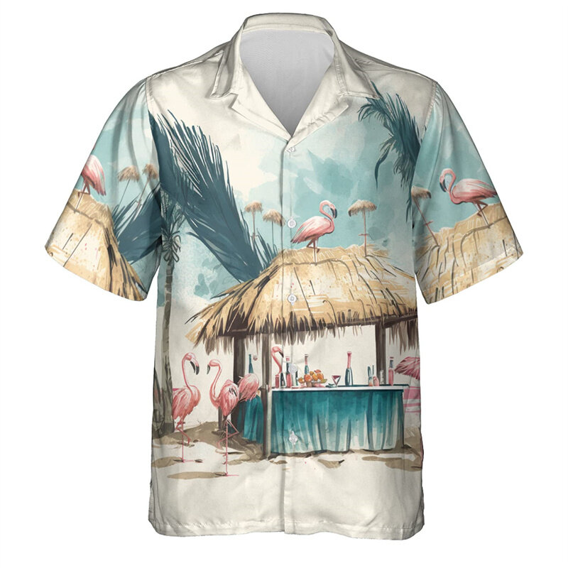 Пляжные рубашки с 3D принтом Гавайского Фламинго в стиле хип-хоп, Алоха, животные, короткий рукав, женская блузка для отпуска с лацканами, модные топы на пуговицах Y2k
