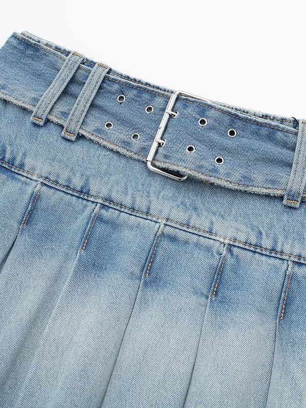 Rok berlipat Denim untuk Sabuk Wanita rok Mini A-line biru modis kasual desain Burrs pinggang sedang Musim Panas 2024 trendi baru XX321