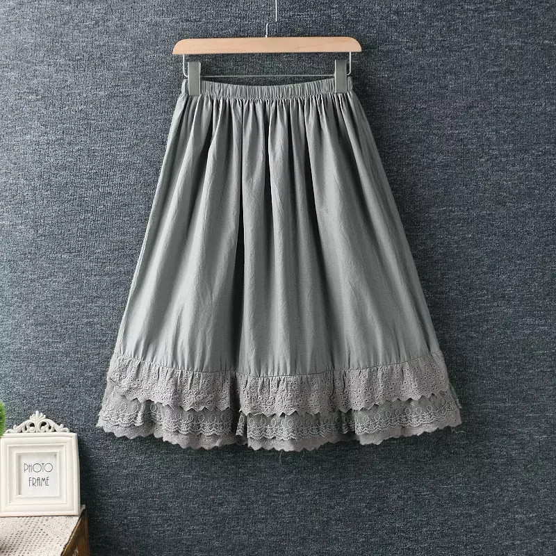 Japan Style Mori Girl Sweet Lace Flower Embroidery Skirts Women Elastic Waist Cotton Linen Casual Loose A-line Skirts