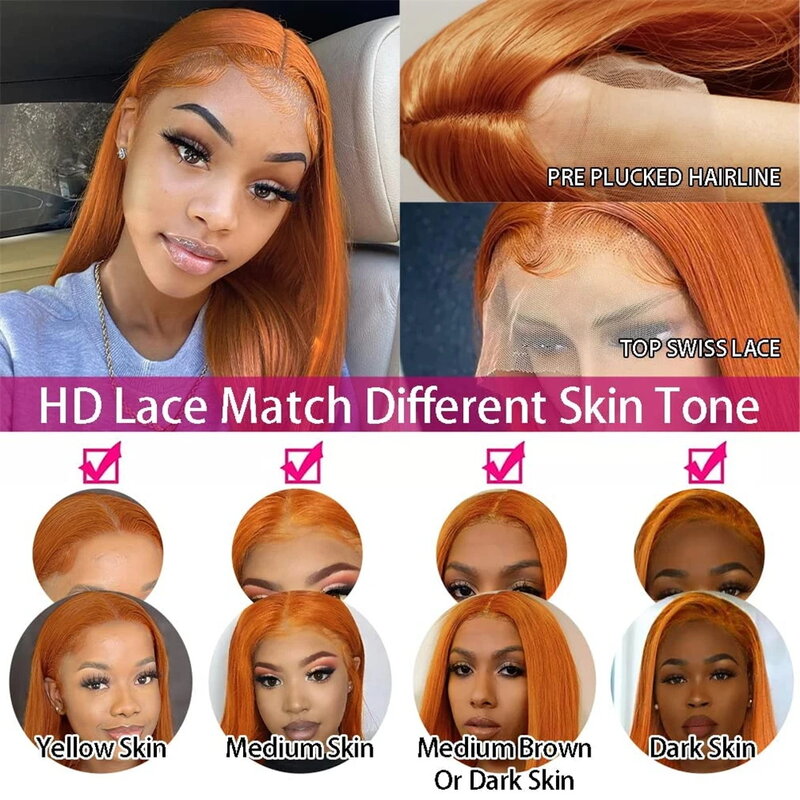 Wig jahe oranye renda depan 13x4 Wig rambut manusia lurus tulang rambut Brasil telah ditanami Wig Frontal renda transparan 13x6 HD