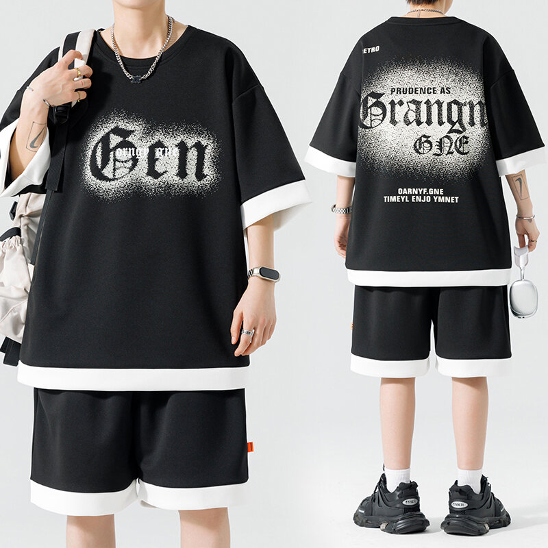 Костюм спортивный мужской из футболки с надписью и шортов, повседневный комплект из двух предметов, Модный корейский стиль, лето