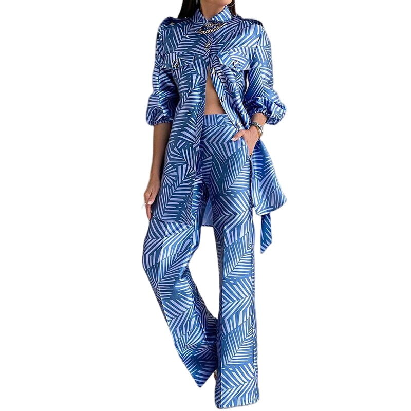 Conjunto elegante de dos piezas para mujer, camisa holgada de manga larga con estampado y pantalones de pierna ancha de cintura alta, ropa informal femenina, 2024