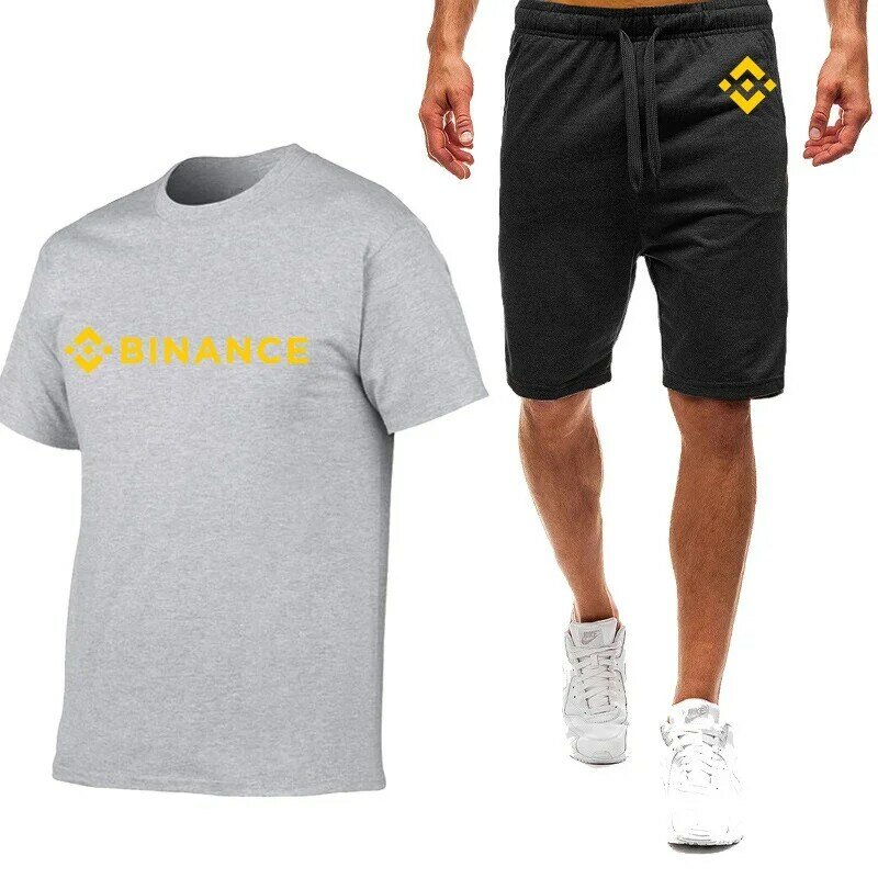 Binance Crypto 2024 męskie nowe letnie koszulki z nadrukiem wygodny krótki rękaw spodenki bawełniane Harajuku sportowe dwuczęściowe zestawy