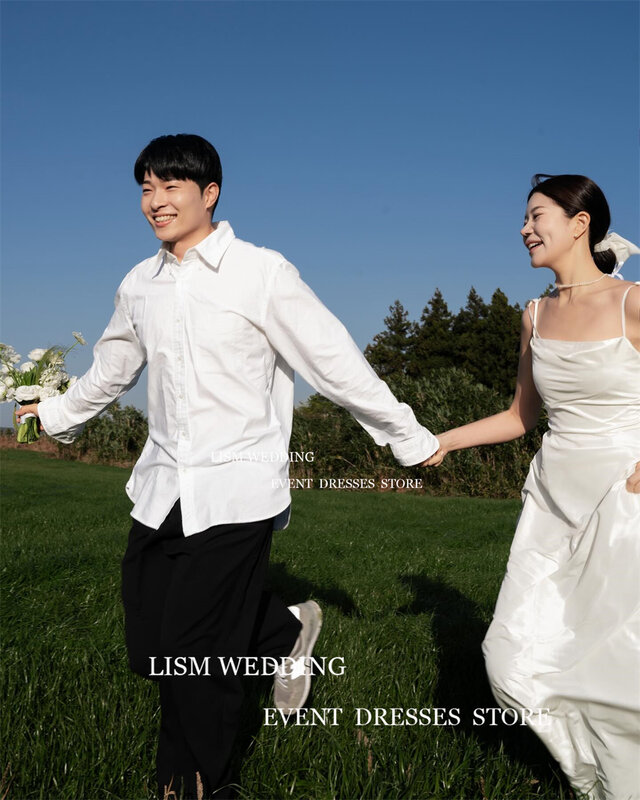 Lism ชุดเดรสราตรีผ้าแพรแข็งทรงเอแบบเกาหลีเรียบง่ายชุดราตรีสายสปาเก็ตตี้สำหรับถ่ายภาพงานแต่งงานงานพรอม