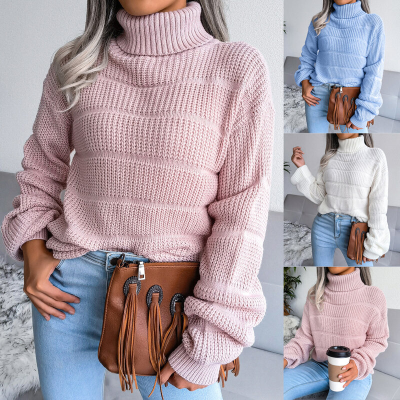 Sweater for Women Autumn and Winter New Solid Color High Neck Long Sleeve Skeleton Knit Fashion Casual Blouse