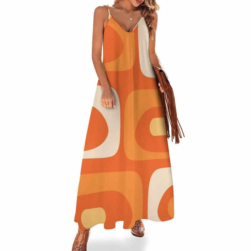 Vestido de playa de piqué moderno de mediados de siglo, patrón abstracto, naranja, mandarina, amarillo, crema, sin mangas, vestido de hada
