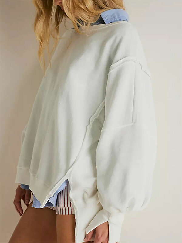 ZJLJAYCHOU Women 2023 Trendy Crewneck Sweatshirt Oversized Waffle Knit Pullover Tops Long Sleeve Side Slits Casual Tops