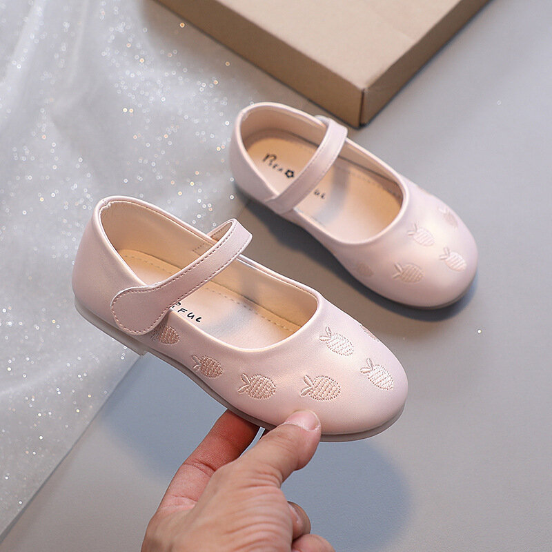 Girls Embroidered Carrot Leather Shoes Kids Korean New Fashion Princess Shoes for Party Wedding Children Sweet Elegant Flats