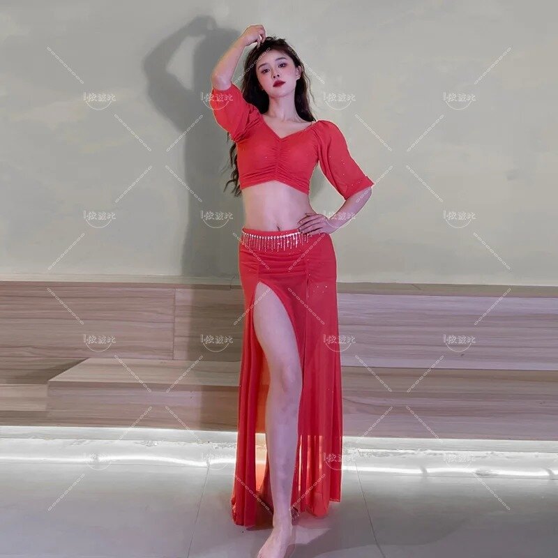 Roupas femininas para praticar dança do ventre, saia longa, traje de palco oriental, roupa de Bollywood, terno sexy de desempenho
