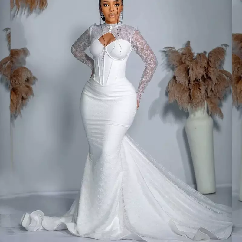 Seksowna biała syrenka z guzikami na szyję suknia ślubna koronkowe rękawy plażowa na zewnątrz plus size satynowa suknia ślubna 2024 nowość