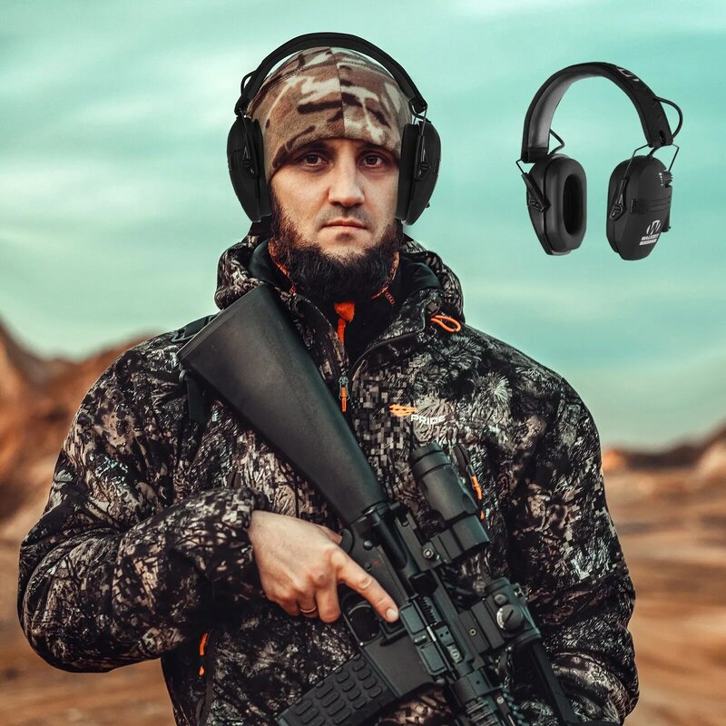 Pelindung telinga elektronik taktis, penutup telinga menembak elektronik luar ruangan berburu pengambilan suara dan pengurang kebisingan pelindung pendengaran dengan tas