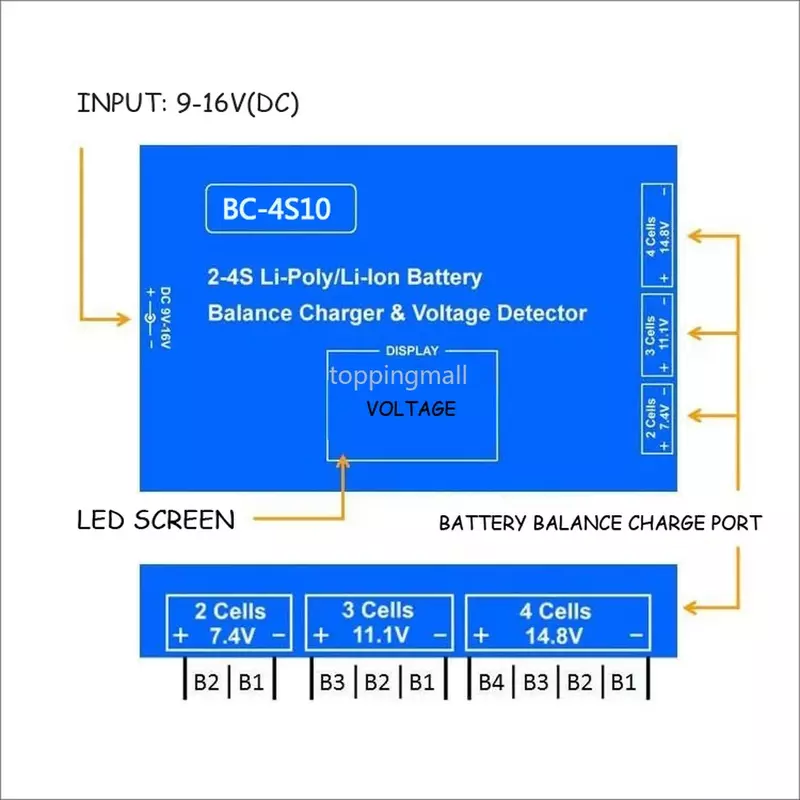 Pengisi Daya Keseimbangan Baterai BC-4S10 2-4S Li-poly/Li-lon Detektor Tegangan Layar Led 9V-16V DC untuk Bagian RC DIY FPV