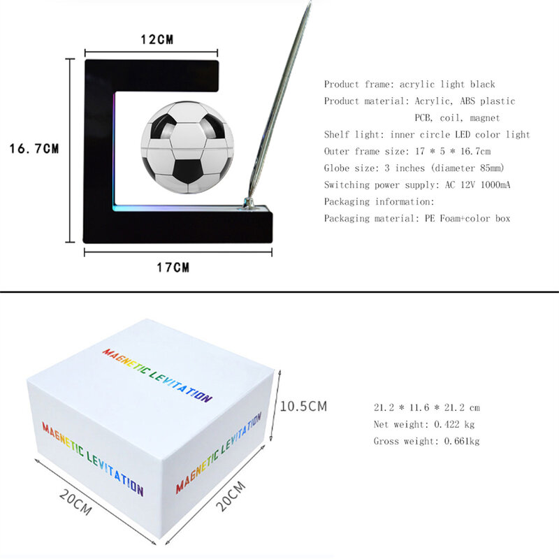 Levitação magnética bola de futebol flutuante com luz LED 3 "bola de futebol, Home Office Desk Gadget, presente de aniversário para homens e crianças