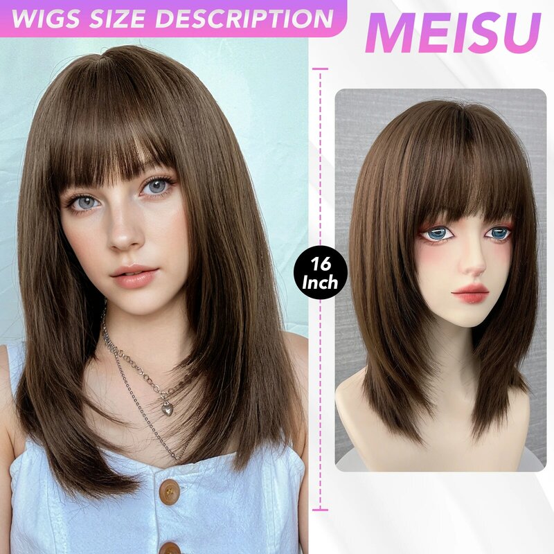 MEISU16 дюймовая коричневая прямая челка парик синтетический парик термостойкий небликовый натуральный Косплей шиньон для женщин ежедневное использование