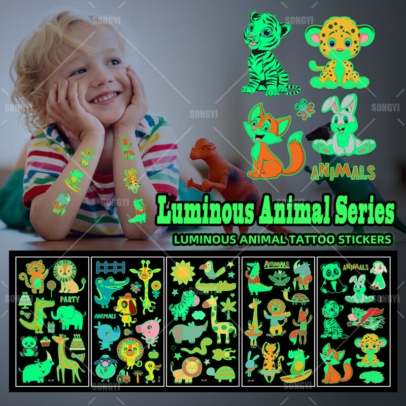 Tatouage Temporaire jetable en forme d'animaux lumineux, 5 feuilles, dessin animé, Lion, girafe, éléphant, lapin, autocollant corporel, étanche