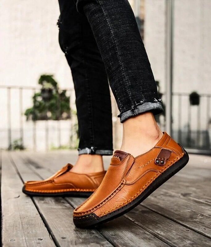Sapatos de couro artesanal masculino, mocassins confortáveis casuais, deslizamento em apartamentos, sapatos de caminhada mocassins, venda quente