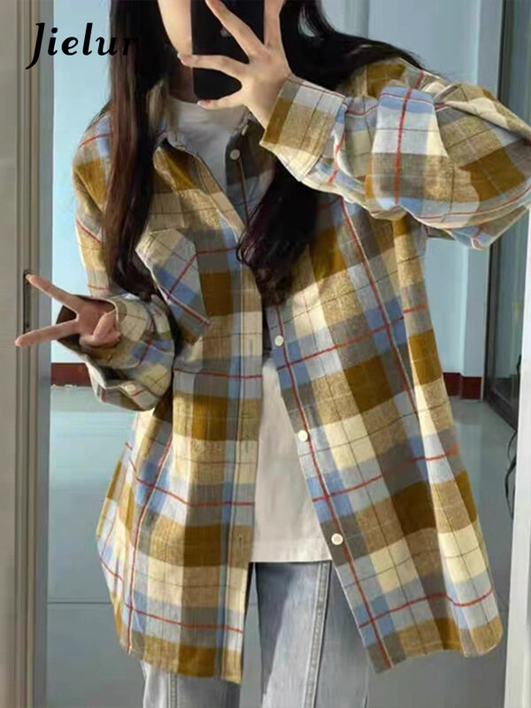 Jielur 용수철 심플 레트로 슬림 여성 셔츠, 스트리트 루즈핏 셔츠, 캐주얼 시크한 기본 긴팔 상의, 신상 패션
