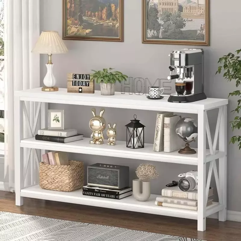 FATORRI Industrial Console Table for Entryway, Rustic Long Sofa Table with 3 Tier Shelves, White Hallway